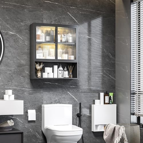 Bathroom Cabinet Wall Mount,Metal Medicine Cabinets with Glass Doors and LED Light,Wall Cabinet Over The Toilet,Black Hanging Cabinet for Bathroom Laundry Room Kitchen - color: Black