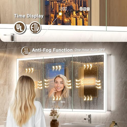 48x30 LED Medicine Cabinet Mirror with Double Lights-Front & Backlit, 155°Soft-close Hinge, Surface or Recessed Dimmable Lighted Medicine Cabinet Mirror with Clock Outlet Inner Light,Anti-fog - size: 48x30'' (Cabinet)