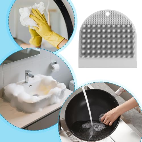 Sink Scrub Brush - Flexible Non Scratch Silicone Scrubber, Suction Cup Cleaning Tool, Built in Squeegee Cleaner | Scrubbing Brush for Bathroom Shower Glass Countertops - color: Gray