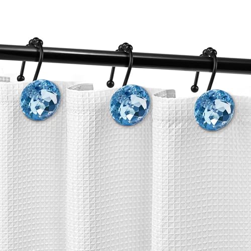Sunlit Luxury Design Round Blue Diamond Crystal Gem Bling with Glide Balls Shower Curtain Hooks, Rust Proof Metal Rhinestones Glam Shower Curtain Rings with Black Hooks, Set of 12 - color: Blue With Black Hooks
