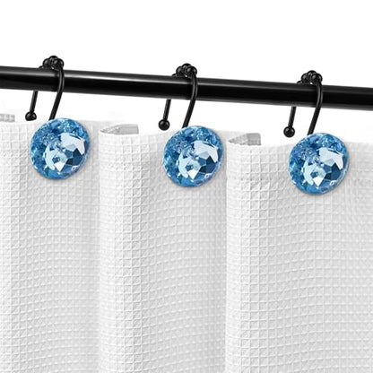 Sunlit Luxury Design Round Blue Diamond Crystal Gem Bling with Glide Balls Shower Curtain Hooks, Rust Proof Metal Rhinestones Glam Shower Curtain Rings with Black Hooks, Set of 12 - color: Blue With Black Hooks