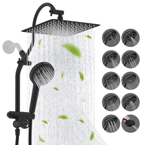 Hibbent High Pressue All Metal 10" Rainfall Shower Head, Handheld 10-Spray | cUPC Certified Matte Black Dual Showerhead Combo, 4-way Diverter with Pause Mode, Brass Extension Arm, 71'' Hose & Holder - color: Matte Black, style: Square 10"