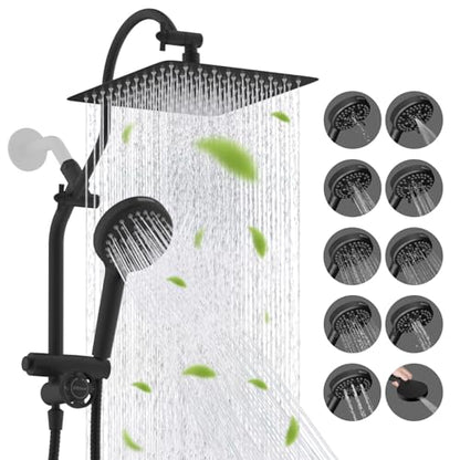 Hibbent High Pressue All Metal 10" Rainfall Shower Head, Handheld 10-Spray | cUPC Certified Matte Black Dual Showerhead Combo, 4-way Diverter with Pause Mode, Brass Extension Arm, 71'' Hose & Holder - color: Matte Black, style: Square 10"
