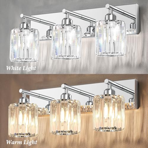 Brushed Chrome Crystal Bathroom Vanity Light, 3-Light Modern Bathroom Lighting Fixtures Over Mirror,Chrome Wall Sconce Light Fixtures with Round Shade - color: Chrome-Round Shade, size: 3-LIGHT