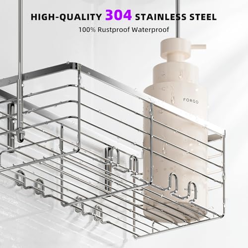 SHANSHUI Shower Hanging Caddy, Bathroom Shower Organizer Basket, Shampoo Bracket, Over Door Showers Rack with Hooks, 304 Stainless Steel Rustproof - size: 11"D x 4.7"W x 13.6"H