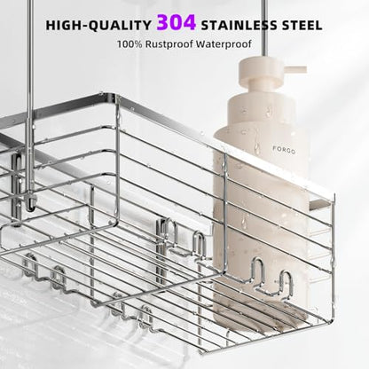 SHANSHUI Shower Hanging Caddy, Bathroom Shower Organizer Basket, Shampoo Bracket, Over Door Showers Rack with Hooks, 304 Stainless Steel Rustproof - size: 11"D x 4.7"W x 13.6"H