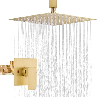 Airuida 12 Inch Brushed Gold Shower Faucet Set,Rainfall Shower System | Ceiling Shower Head,Male Thread Rough-in Valve,Ceiling Mount,Single Handle - color: Brushed Gold, size: 12 Inch