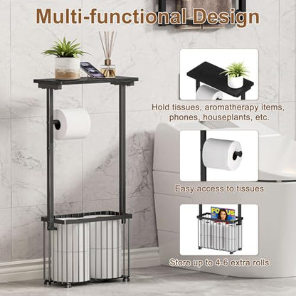 Free Standing Toilet Paper Holder with Storage Shelf – Bathroom Tissue Stand with Space for Phone, Wet Wipes and Magazines – All-in-One Toilet Roll Dispenser and Organizer Holds 4-6 Rolls - size: 28.5" H x 6.3" W x 13.4" D