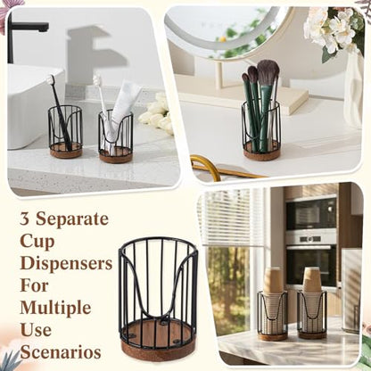3 Pack Bathroom Cup Dispenser with Wood Stand for 3 oz Cups, Essential Guest Bathroom Accessories for Vanity Countertop Toothbrush Holders, Mouthwash Cup Dispenser, Cotton Pad Rack, Black