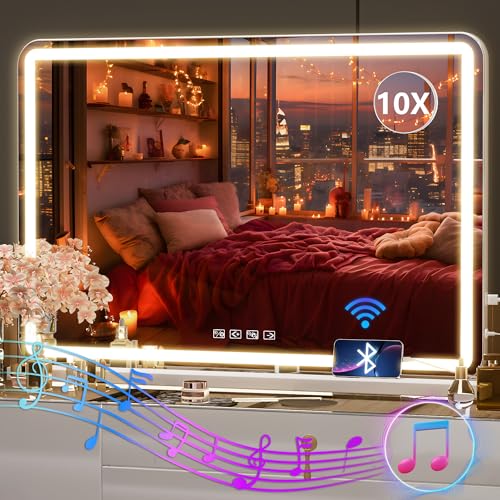 Hasipu Vanity Mirror with Lights and Bluetooth Speaker, 32" x 21.7" LED Makeup Mirror, Lighted Makeup Mirror with Dimmable 3 Modes, USB Charging Port, Round White - color: White, size: 32"L x 21.7"W