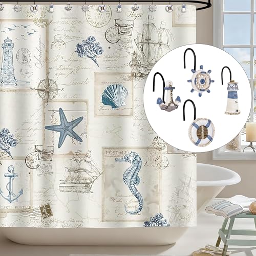 Sunlit Nautical Shower Curtain Hooks, Home Decorative Coastal Shower Curtain Rings with Black Hooks for Bathroom, Resin, Ocean Shower Curtain Hanger Hooks for Living Room, Set of 12, Blue Nautical Set - size: Nautical Set With Black Hooks