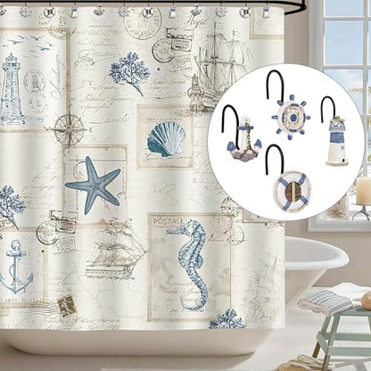 Sunlit Nautical Shower Curtain Hooks, Home Decorative Coastal Shower Curtain Rings with Black Hooks for Bathroom, Resin, Ocean Shower Curtain Hanger Hooks for Living Room, Set of 12, Blue Nautical Set - size: Nautical Set With Black Hooks