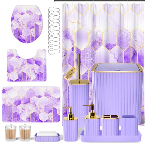 XLHOMO Bathroom Set - 26PC Bathroom Set with Shower Curtain and Rugs, Bathroom Accessory Set, Purple Bathroom Accessories Set, Trash Can & Soap Dispenser - style: Purple&Gold