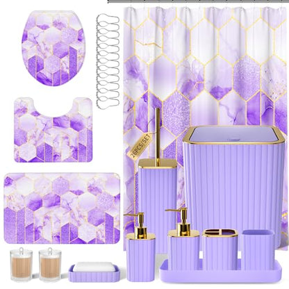 XLHOMO Bathroom Set - 26PC Bathroom Set with Shower Curtain and Rugs, Bathroom Accessory Set, Purple Bathroom Accessories Set, Trash Can & Soap Dispenser - style: Purple&Gold