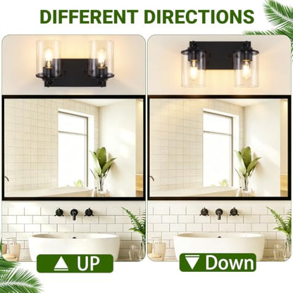 2-Light Black Bathroom Vanity Light, Modern Bathroom Lighting Fixtures with Clear Glass Shade, Bathroom Wall Mounted Lamps for Mirror, Living Room, Bedroom, E26 Socket - size: 2-Light