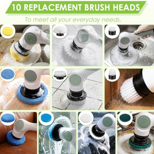 3‑Speed Electric Spin Scrubber with 10 Replaceable Heads Adjustable Handle