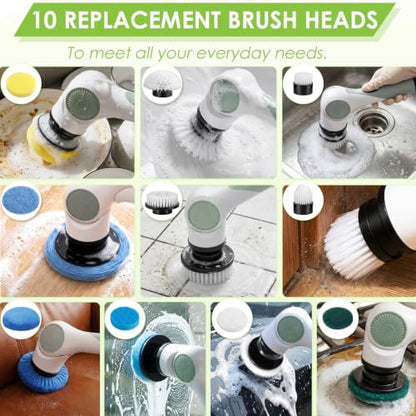 3‑Speed Electric Spin Scrubber with 10 Replaceable Heads Adjustable Handle