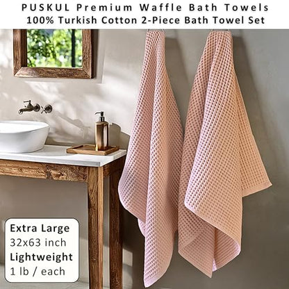 PÜSKÜL 2-Piece Natural 100% Turkish Cotton Waffle Bath Towels Extra-Large | Pink Powder 32x63" Bath Sheet Towel Light Soft Absorbent Quick-Dry Lint-Free Premium Honeycomb Weave Oeko-Tex Made in Turkiye - color: Pink Powder, size: Bath Towels - Pack of 2