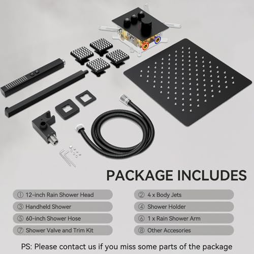 Thermostatic Shower System with Body Jets, STARBATH 12" Rain Shower with 2 in 1 Handheld, Can Use All at Once, Push Button Thermostatic Valve and Trim Kit Complete Shower Faucets Sets, Matte Black - color: Matte Black, size: 12"-05