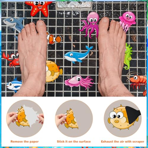 20 Pcs Non Slip Bathtub Stickers Submarine Sea Creature Anti Slip Decals Adhesive Turtle Fish Jellyfish Bathtub Appliques with Scraper for Shower and Bath(Color A) - color: Color a