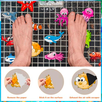 20 Pcs Non Slip Bathtub Stickers Submarine Sea Creature Anti Slip Decals Adhesive Turtle Fish Jellyfish Bathtub Appliques with Scraper for Shower and Bath(Color A) - color: Color a