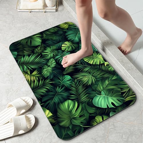 Bathroom Rug 29.5"x17",Green Tropical Palm,Bath Mat with Non-Slip Rubber Backing, Quick-Drying Absorbent Thin Floor Mat for Bathroom, Shower, Sink, or Kitchen - color: Green Tropical Leaves Palm