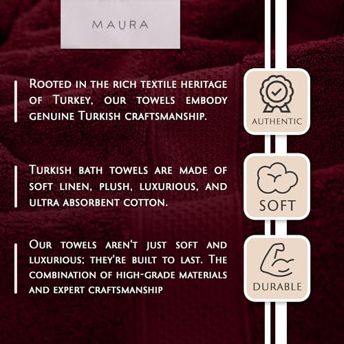 MAURA Wine Red Extra Large Turkish Cotton Luxury Bath Towels Set of 4. Ultra-Soft, Thick & Plush Towels for Bathroom - Burgundy - color: Burgundy, size: Bath Towel (4-Pack)