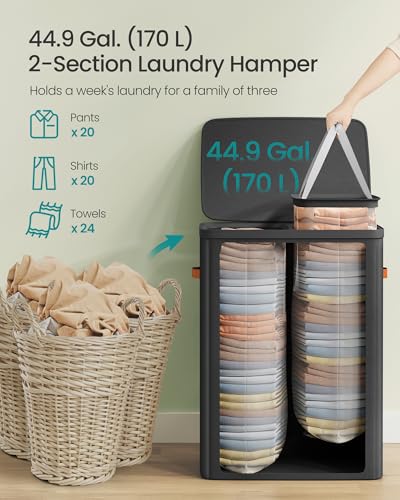 SONGMICS Laundry Basket, 44.9 Gal. Laundry Hamper, 2 Compartments, Easy Assembly, with Lid and Handles, Removable Liners, 22 x 15.7 x 29.5 Inches, Ink Black ULCB813B01 - color: Ink Black, size: 170 L (2-Section)