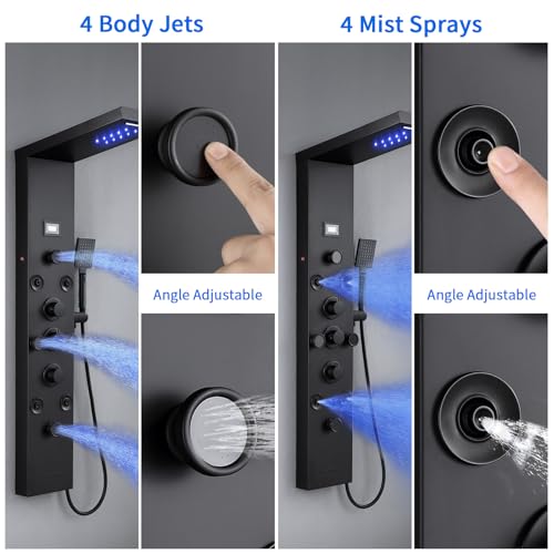 6 In1 LED Shower Panel Tower Rainfall ＆ Waterfall System 8 Body Massage Jet | POPLFY Stainless Steel Wall Mount Shower Column Towers with Temperature Display, Tub Spout, Matt Black - color: 8 Jets-Matt Black