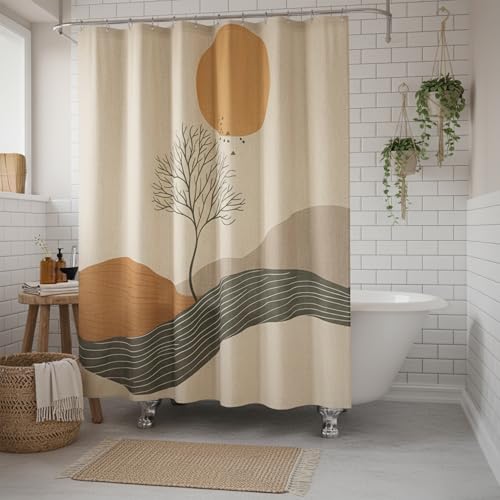 Orange Sun and Green Branch Linen Shower Curtain Set with Liner | Double Layer Shower Curtain Waterproof Fabric with Zippered Removable PEVA Liner,Boho Shower Curtain for Bathroom,Free Hooks - color: Landscape