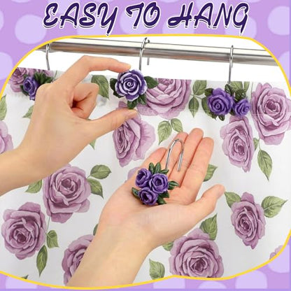 12 Pcs Purple Rose Shower Curtain Hooks Cute Purple Rose Decorative Curtain Rings Bulk Hanger Stainless Steel Resin Spring Flowers Themed Hooks for Bathroom Bedroom Living Room Home Decor - style: Purple Rose