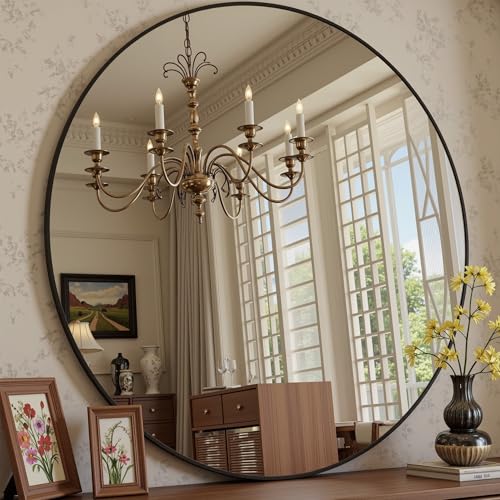 Antok 36 Inch Round Mirror for Wall, Round Bathroom Mirror, Circle Wall Mirrors with Black Metal Frame, Circle Mirrors Suitable for Wall, Bathroom, Vanity, Living Room, Entryway - color: Black, size: 36"L x 36"W