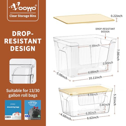 VOOWO Trash Bag Holder, 2 Pack Clear Trash Bag Dispenser with Plastic Lid | Stackable Trash Bag Organizer Fit 13/30 Gallon Bags, Clear Organizer Bins Under Sink for Pantry Kitchen Laundry Room Cabinet
