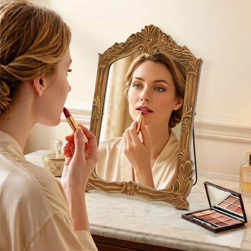 Besdomus Antique Makeup Desk Mirror: 11"x14.5" Small Gold Bow Table Vanity | Antique Standing Carved Mirror - Baroque Traditional Ornate for Bedroom/Vanity Table/Living Room - Ideal for Ages 18-45 - size: 11"L x 14.5"W