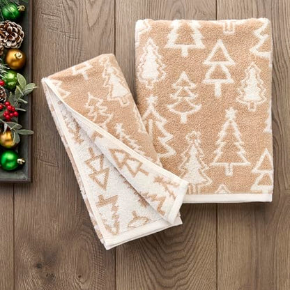 SKL Home Christmas/Winter Mod Tree Hand Towel Set-2pc, 100% Cotton, Tan | 500 GSM. Soft & absorbent. Reversible jacquard pattern. Great for the bathroom, kitchen or bar & holiday gift. - color: Mod Tree (Tan), style: Hand Towel Set