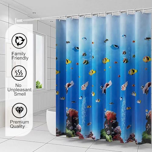 TIKABC Shower Curtain Liner, 4G PEVA Shower Liner, Plastic Waterproof Shower Curtains, 72x72 inch with Grommet Holes 3 Magnetic Weights - color: Underwater World