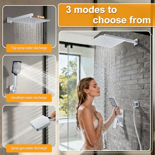 Shower System Modern Rain Brass Faucet Set With Valve and Diverter Shower Mixer With Handheld High Pressure Square Rainfall Shower Valve (12'' Wall Mount, Chrome Polished) - color: Chrome Polished, style: 12'' Wall Mount