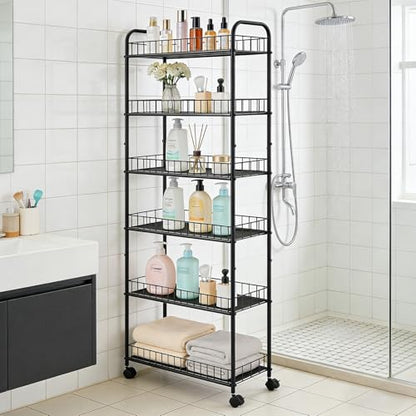 10in 6-Tier Slim Storage Cart with Wheels, Metal 10in Wide Black Narrow Rolling Shelf, Sturdy Slim Storage with Hooks Ideal for Kitchen, Bathroom, and Laundry Room - size: 10in 6-Tier Cart
