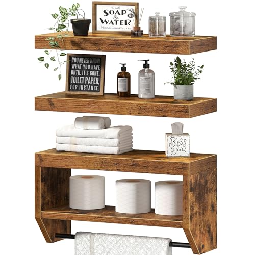 QEEIG Bathroom Floating Shelves for Wall - Shelf Over Toilet Paper Storage Farmhouse 16 inch Set of 3, Rustic Brown (028-40BN3) - color: Rustic Brown, size: 15.7"