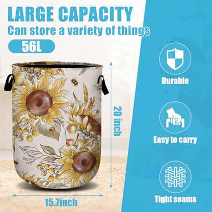 Fall Sunflowers Laundry Basket, Ladybird Honeybee Laundry Hamper Collapsible Oxford Cloth with Handle Clothes Storage Bin for Bathroom Laundry Room Bedroom 15.7 X 20 Inch - color: Fall Sunflowers Ladybird Honeybee