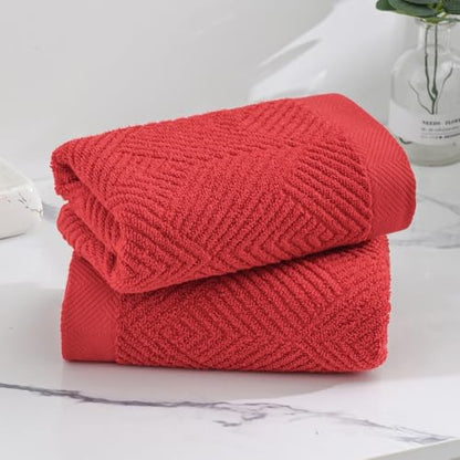 sense gnosis Red Hand Towel Set of 2 Striped Weave 13 X 29 Inch | Premium 100% Cotton Herringbone Pattern Ultra Soft Highly Absorbent Hand Towel for Bathroom - color: Red