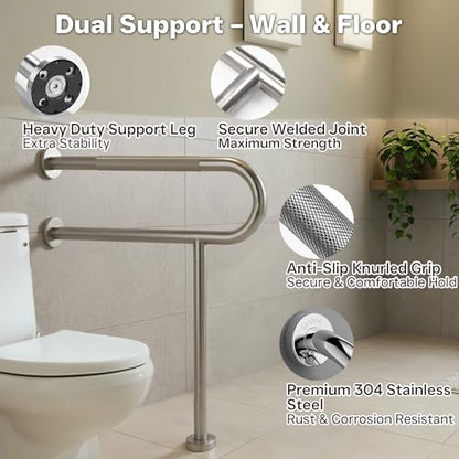 24 Inch Toilet Grab Bar with Leg for Bathroom, Wall & Floor Mounted Stainless Steel Handicap Grab Bar, Brushed Nickel Anti-Slip Knurled Grip, Safety Rail for Elderly, Disabled and Pregnant - size: 24 Inch