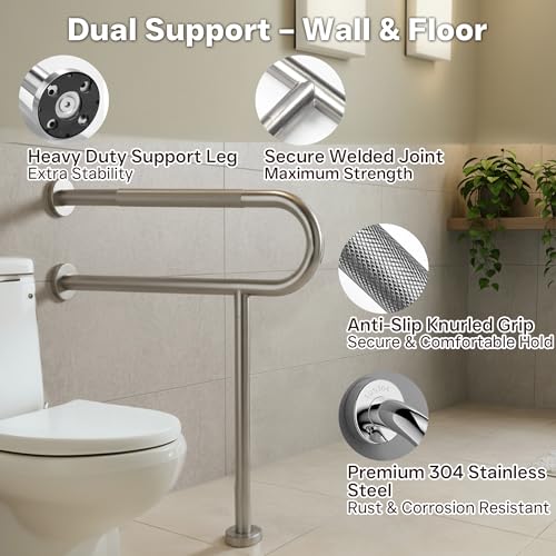 30 Inch Toilet Grab Bar with Leg for Bathroom, Wall & Floor Mounted Stainless Steel Handicap Grab Bar, Brushed Nickel Anti-Slip Knurled Grip, Safety Rail for Elderly, Disabled and Pregnant - size: 30 Inch