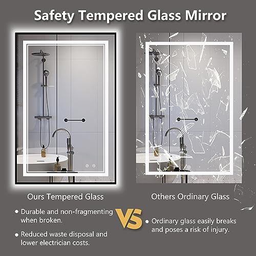 24"x36" Black LED Bathroom Mirror with Lights, Front and Back Light | Dual Light Strips,Thin Frame, Fogless, Dimmable, 3 Color Changing, Shatterproof, Touch Sensor, Horizontal/Vertical,Industrial