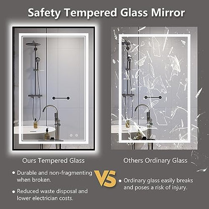 24"x36" Black LED Bathroom Mirror with Lights, Front and Back Light | Dual Light Strips,Thin Frame, Fogless, Dimmable, 3 Color Changing, Shatterproof, Touch Sensor, Horizontal/Vertical,Industrial