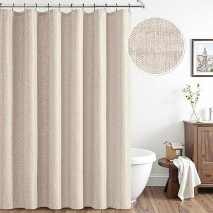 ANRODUO Beige Linen Textured Fabric Shower Curtain Set - W72xL72 | Farmhouse Shower Curtain with 12 Metal Hooks, Waterproof Heavy Duty, Button Hole Design, Machine Washable for Bathroom - color: Beige, size: 72"W x 72"L (Pack of 1)