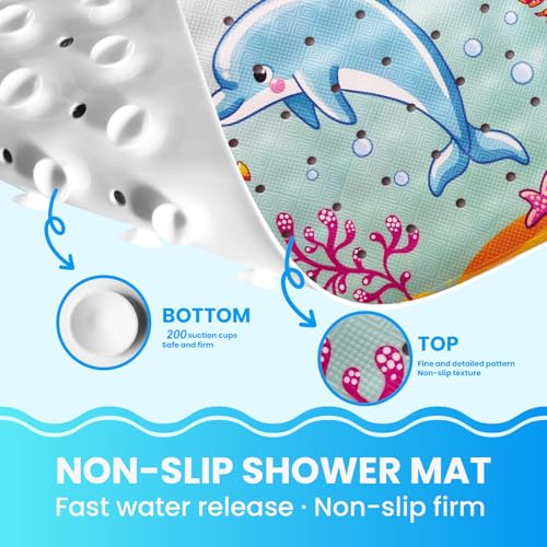 Baby Bath Tub Mat, 40 x 16 Inch Extra Large Non Slip Kids Cartoon Bathtub Shower Mats with Suction Cups & Drain Holes, Machine Washable for Bathroom, Undersea Whale & Dolphin - color: Undersea-whale