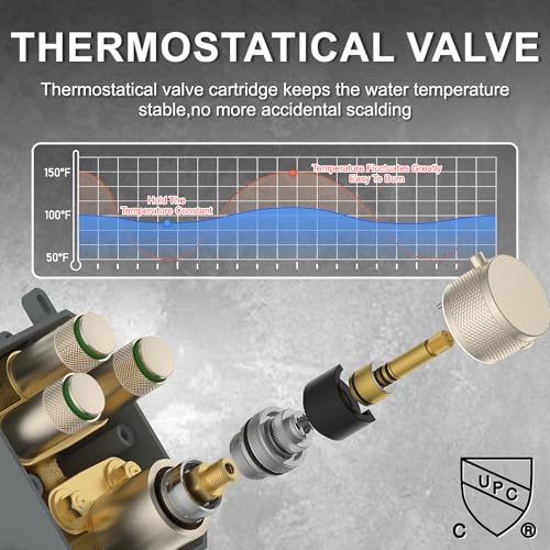 Iriber Thermostatic Shower System with Adjustable Water Flow Push Button Diverter, Square Dual Shower Heads Faucet Set with Handheld Spray, Brushed Nickel Shower Mixer Valve Trim Kit (Valve Included) - color: Brushed Nickel 05