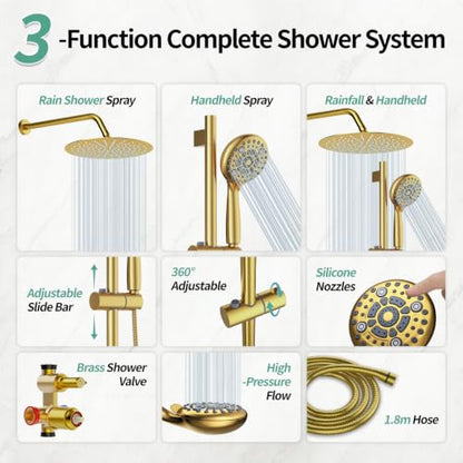 SR SUN RISE 12" Shower Faucet Set with Shower Slide Bar,Brushed Gold | High Pressure Shower Head,6-Spray Setting,16"Adjustable Shower Slide Bar,Soild Brass,Wall Mount,Included Valve and Trim Kit - color: Brushed Gold