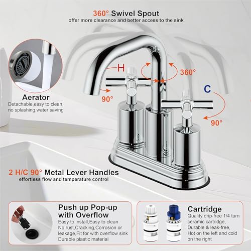 Two Handle Lavatory Faucet 4-inch Centerset Bathroom Sink Faucets with Drain Assembly for 3 Hole Sink Polished Chrome Finish DF-4303CCH-CP Duttao - color: Polished Chrome